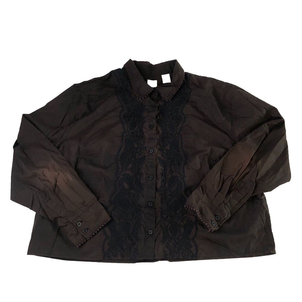 Levi's Women’s Embroidered Button Down Shirt Brown Long Sleeve Lace Trim XXL